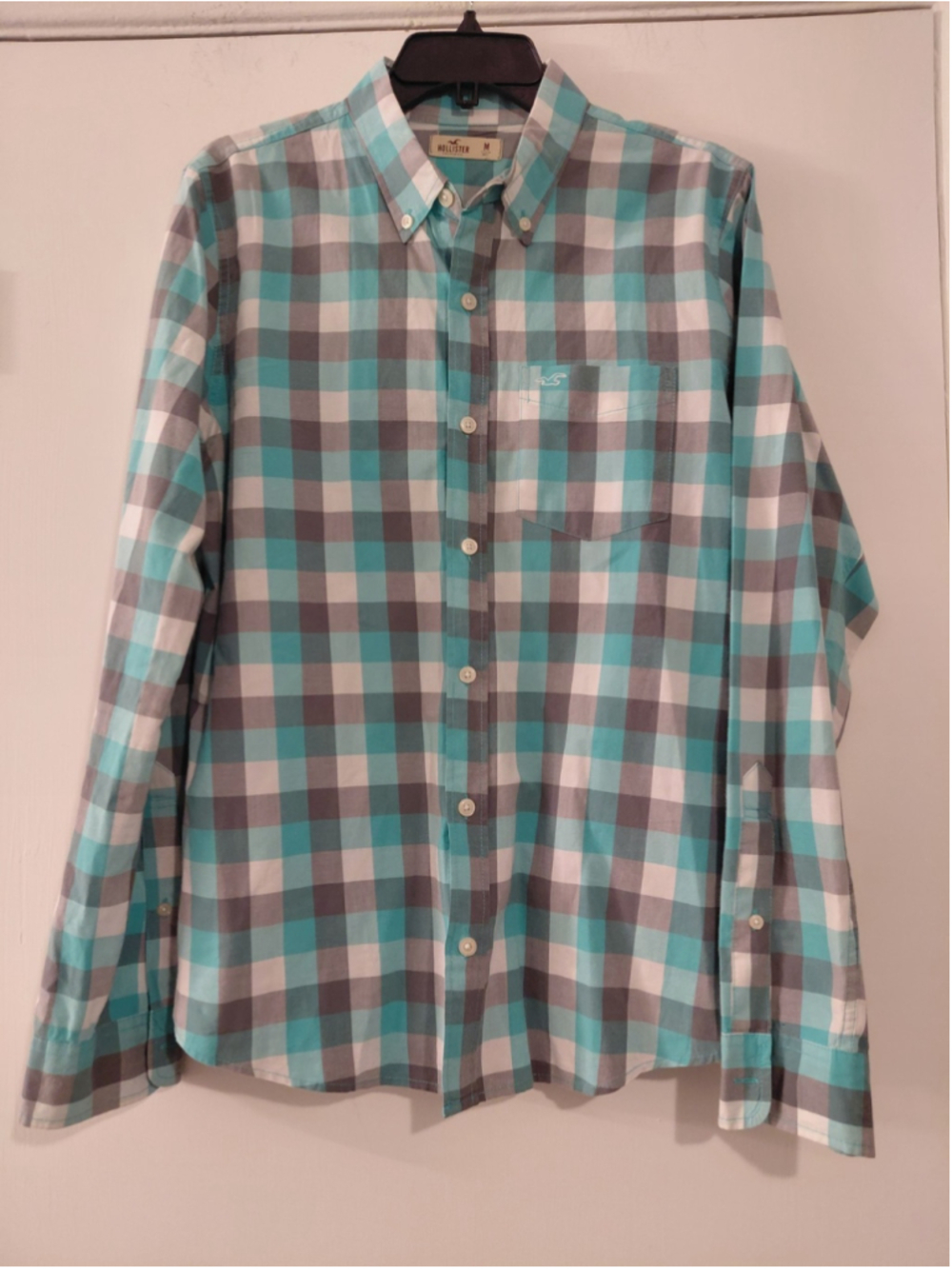 Men's Hollister Button Up Gray Blue Plaid Classic Preppy Dress Shirt Medium